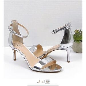 NIB VINCE CAMUTO SEBATANI SILVER METALLIC HEEL ANKLE STRAP DRESS HEEL SANDALS